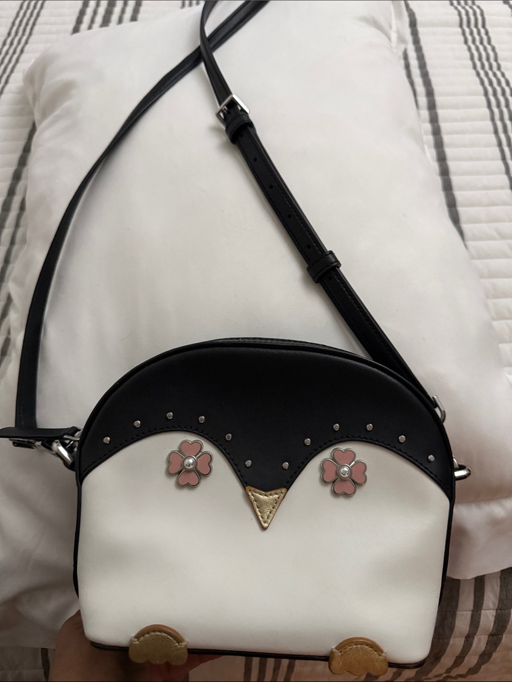 kate spade Frosty Penguin Leather Crossbody with Pink Flower Accents